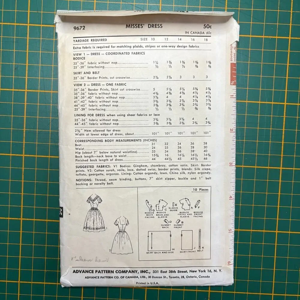 Vtg 50s Advance 9672 Belted Dress w/ Gathered Sleeves Sewing Pattern Women Sz 12